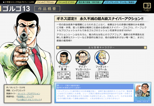 『ゴルゴ13』ギネス認定!! 永久不滅の超Ａ級スナイパーアクション!! ⼀切の政治信条や倫理観にとらわれることなく、依頼主からの多額の報酬のみを根拠に冷徹・⾮情、狙った獲物は確実に仕留める超A級スナイパー・ゴルゴ13。パーフェク トなプロフェッショナルであるゴルゴのミッション完遂率はほぼ100％!! アクションシーンはもちろん、魅⼒的な⼥性とのラブアフェア、最新の世界情勢を反映した重厚なストーリーなど多⾯的な魅⼒は、他の追随を許さない唯⼀無⼆、まさに 劇画の最⾼峰!!