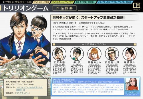『トリリオンゲーム』最強タッグが描く、スタートアップ起業成功物語!! 1兆(トリリオン)＄稼いで、この世の全てを⼿に⼊れろ!! とんでもない野望を掲げ、IT・ゲーム・メディア業界を舞台に、徒⼿空拳の⻘年コンビ・ハルとガクが常識外れな⽅法でのし上がっていく痛快サクセスストーリー!! 『Dr.STONE』『アイシールド21』のヒットメイカー・稲垣理⼀郎⽒と『男組』『サンクチュアリ』など劇画界のレジェンド・池上遼⼀⽒がタッグを組んだ、スタートアップ コミックの決定版!!