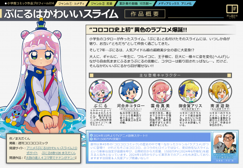 『ぷにるはかわいいスライム』“コロコロ史上初”異⾊のラブコメ爆誕!! ⼩学⽣のコタローが作ったスライム。｢ぷにる｣と名付けたそのスライムには、いつしか命が宿り、お互い“ともだち”として仲良く過ごしてきた。 そして7年…ぷにるは、⼈気アイドル級の超絶美少⼥の姿に⼤変⾝!? ⼤⼈に、ギャルに、⼀年⽣に、ワルイコに、王⼦様に、巨⼤に…様々に姿を変化(へんげ)しながら⾃由気ままにふるまうぷにるの⾔動に、コタローは振り回されっぱなし…。だけど、そんなかわいいぷにるから⽬が離せない!!