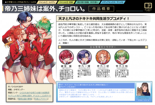 『帝乃三姉妹は案外、チョロい。』天才と凡才のドキドキ共同⽣活ラブコメディ︕ 超名⾨校才華学園に転校してきた綾世優は、⼤⼥優綾瀬昴の息⼦として期待されながら、実は凡⼈以下のポンコツ…。亡くなった⺟の知⼈である帝乃家に預けられることになった優だが、その家には才華学園の｢三帝｣と呼ばれ、芸能・体育・進学各科の頂点に君臨する三姉妹がいた。三姉妹との才能の差を痛感し苦悩する優だが、⺟の｢幸せな家族を作ってほしい｣という遺⾔を胸に同居⽣活を始める。 ところが、凡⼈の優と天才三姉妹の関係は次第に変化・逆転していき…下剋上ホームラブコメ、開幕!!