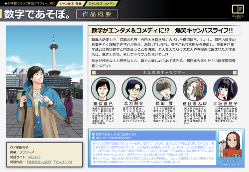 『数字であそぼ。』数学がエンタメ＆コメディに!? 爆笑キャンパスライフ!! 驚異の記憶⼒で、京都の名⾨・吉⽥⼤学理学部に合格した横辺建⼰。しかし、初⽇の数学の授業を全く理解できず⼼が折れ、2留してしまう。引きこもり状態から脱却し、卒業を⽬指す建⼰は再び数学と向き合うことを決意。奇⼈変⼈だらけの友⼈や教授達に囲まれた⼤学⽣活は、驚きと発⾒、そしてトラブルだらけで…!? 数学が好きな⼈も苦⼿な⼈も、誰でも楽しめて必ず笑える、個性派⼤学⽣たちの数学奮闘⻘春コメディ!!